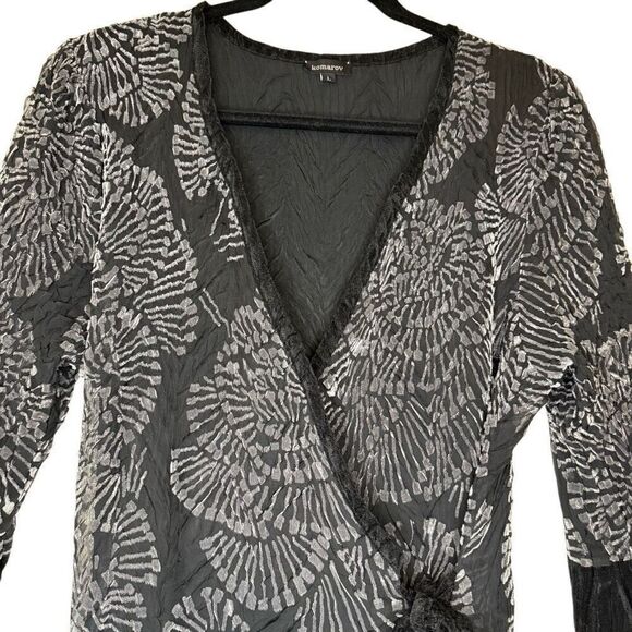 Komarov Black and Gray Velvet Flocked Wrap Dress Size L - Picture 2 of 16